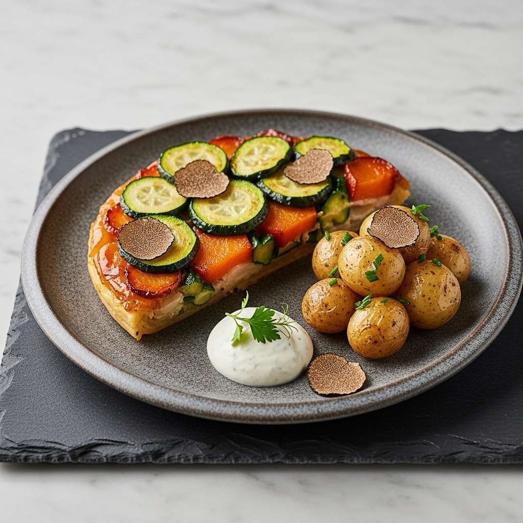 Garden Fresh Vegetable Tarte Tatin with Herb Crème Fraîche and Truffled Baby Potatoes